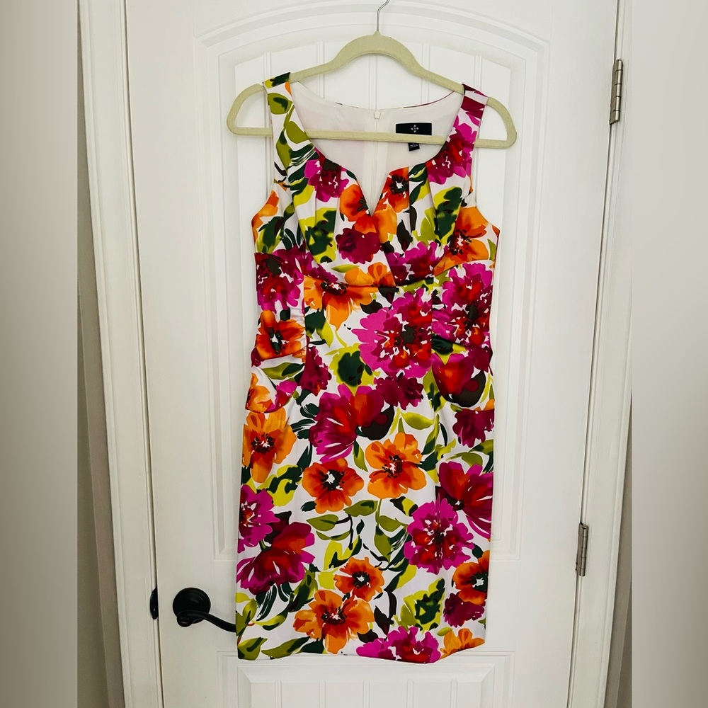 Ronni Nicole Tropical Orange Pink and White Floral Dress with Ruched Sides